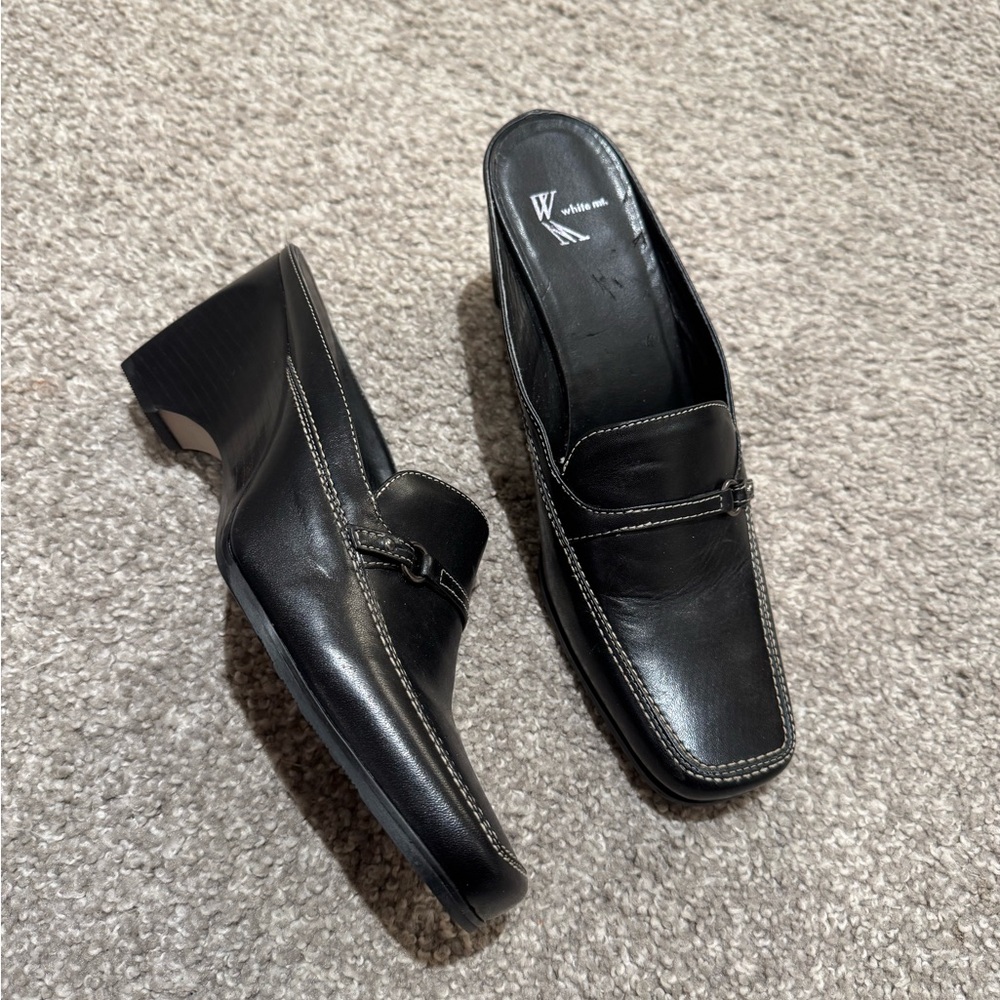 White House Black Market Black Mules with Contrast Stitching